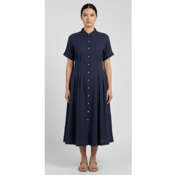H by Halston Navy Linen Preppy Pleated Fit & Flare Button Front Midi Dress 10 - Picture 1 of 8